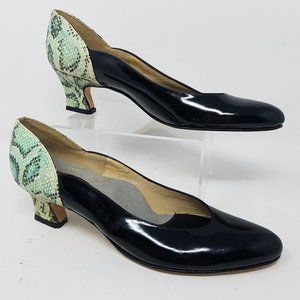 Johansen‎ shoes black patent and green snakeskin print heels 7.5 AAAA